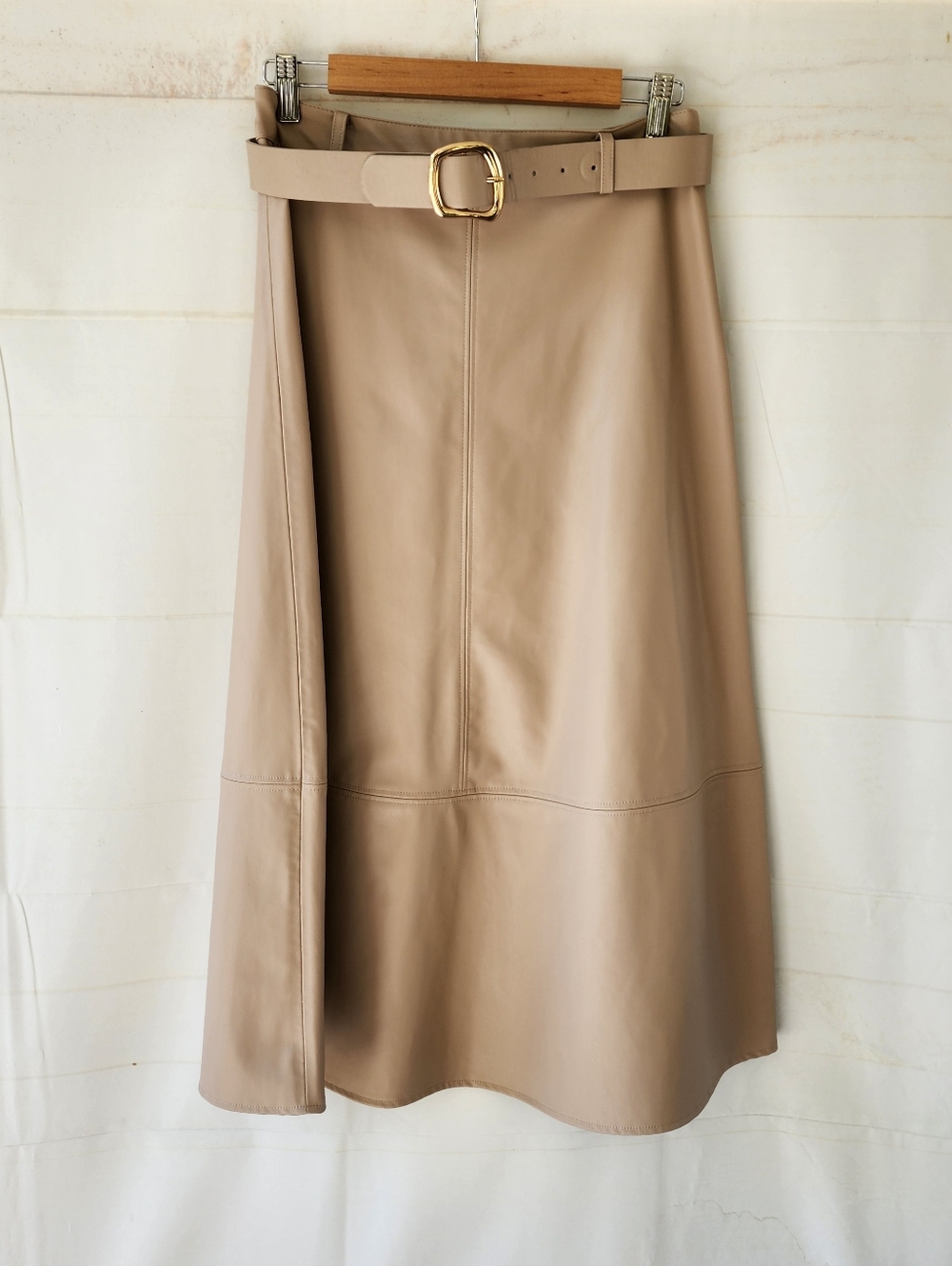 Zara Beige Faux Leather Midi Skirt with Belt - Picture 10 of 11